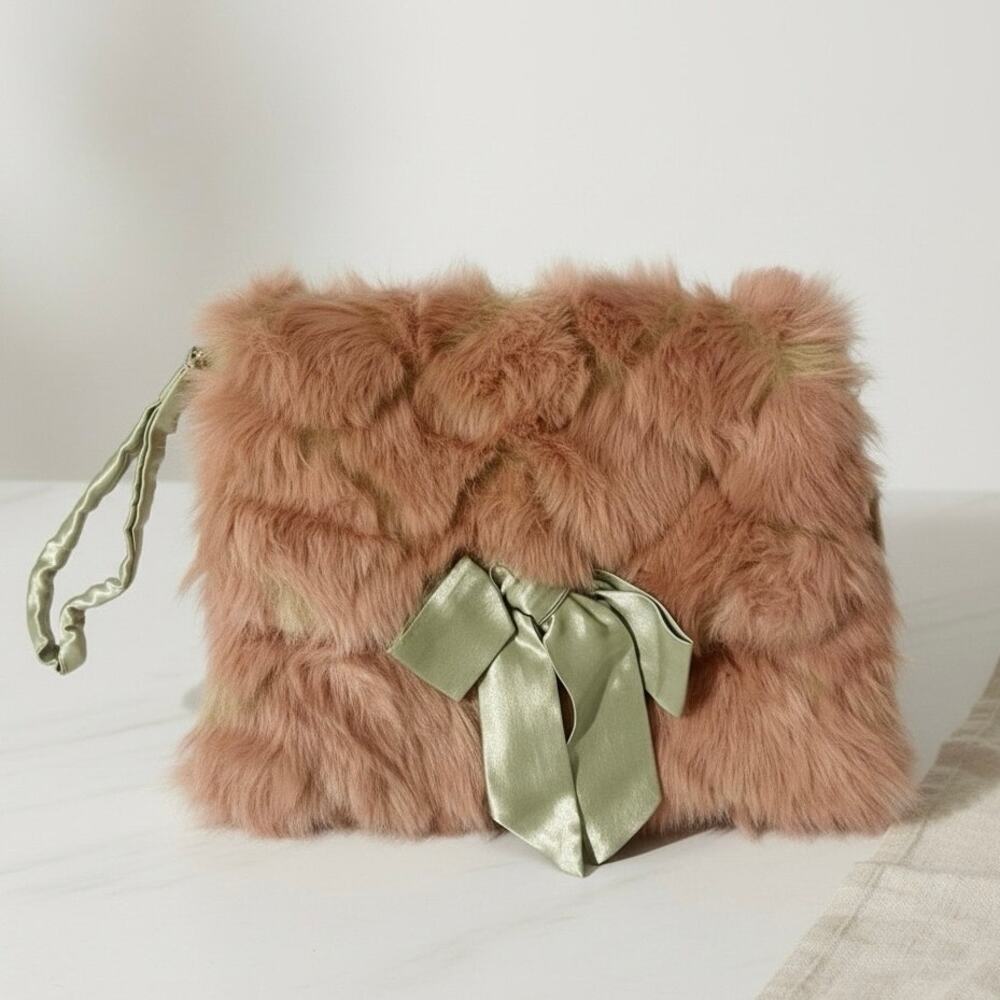 Wills River Co Pink Plush Faux Fur Wristlet Bag Green Satin Lined Y2K Retro